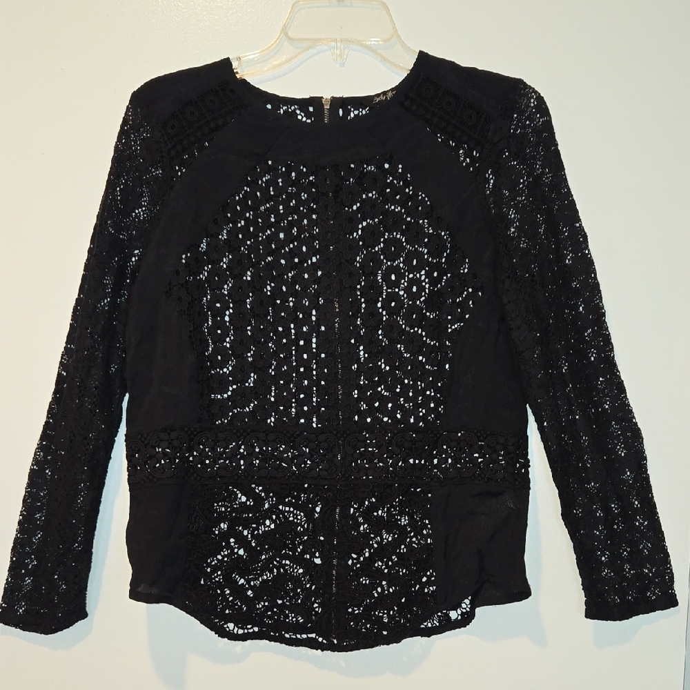 Lucky Brand Black Whimsicore Eyelet Crochet Sheer Lace Fairycore Blouse Size M